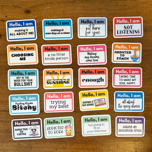 "Hello, I Am" Bundle, Relatable Intro Stickers or Magnets